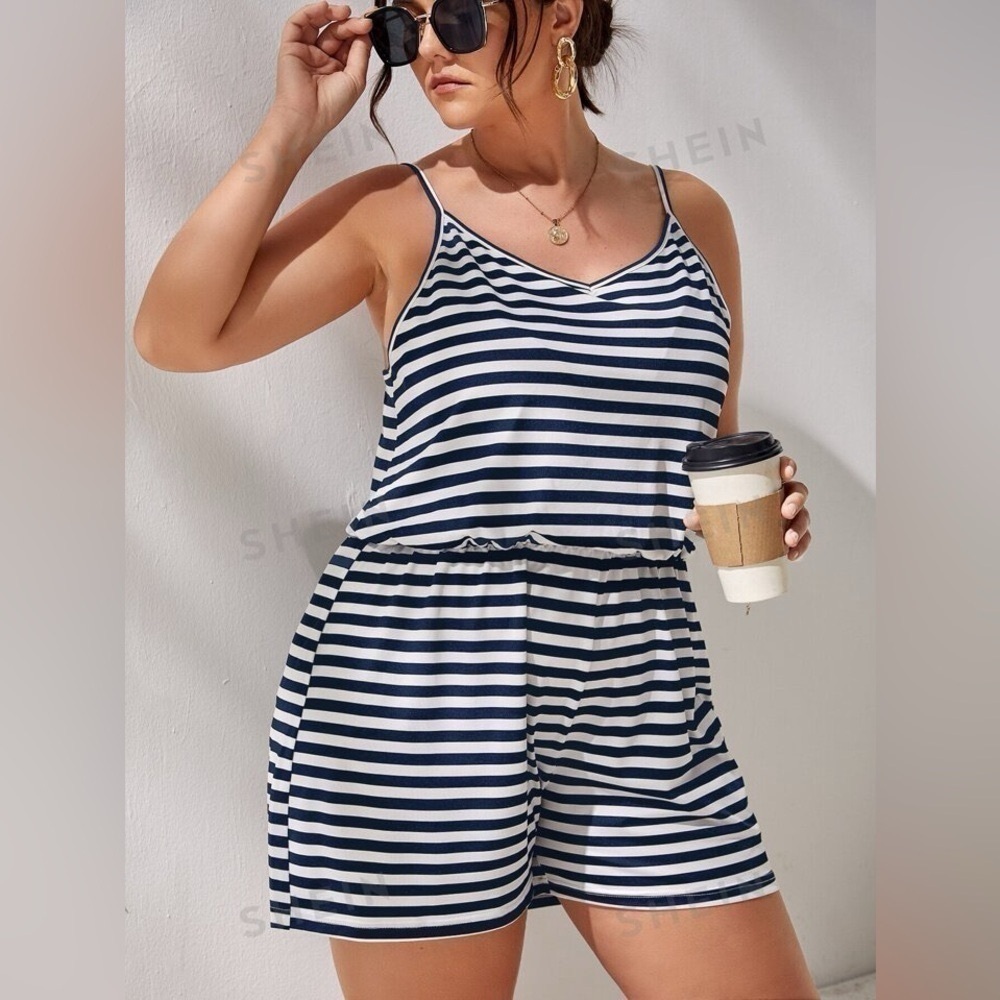 SHEIN Navy and White Striped Spaghetti Strap Romper